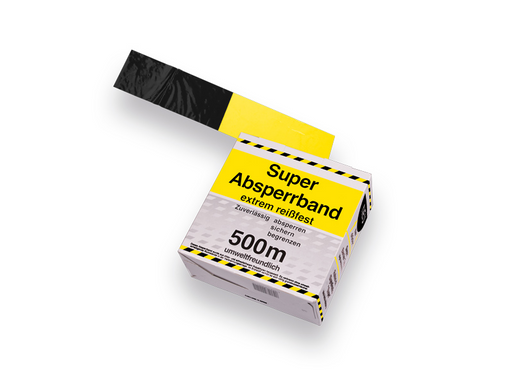 Afzetband 500 meter lang, 8 cm breed, versterkt, Geel Zwart.